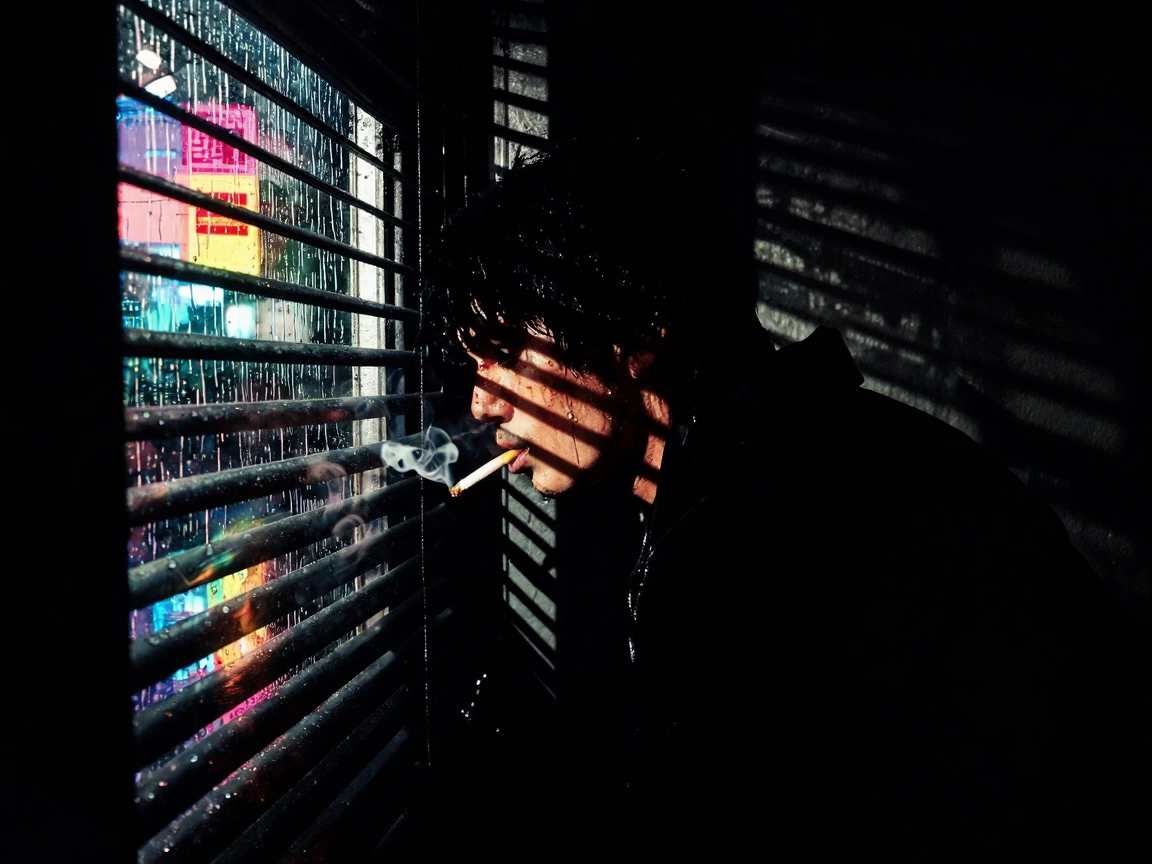 Rain-slicked noir alley, solitary figure silhouetted against venetian blind shadows, hard geometric light streaks cutting through cigarette smoke, tea