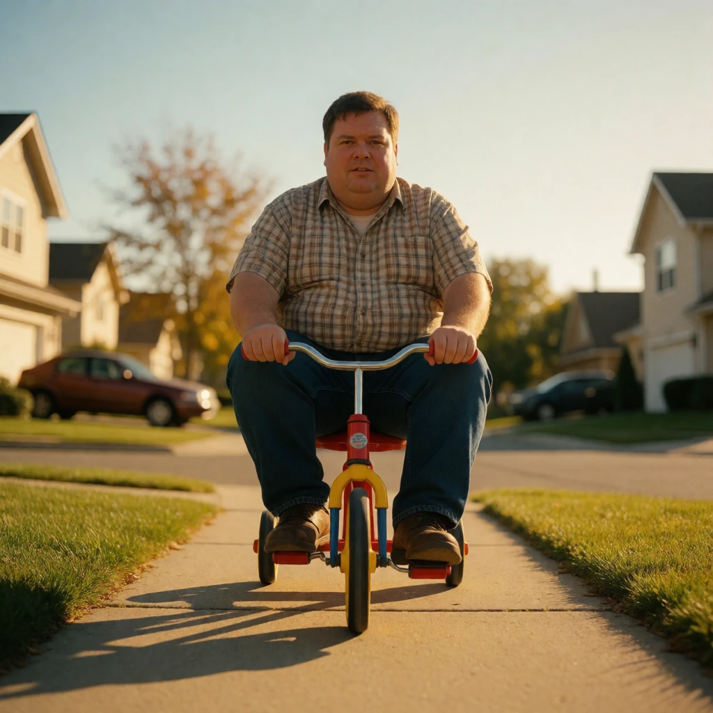 A heavyset man pedaling a child's tricycle down a suburban sidewalk, his knees splayed at absurd angles, the tiny frame visibly bowed beneath him—shot from low angle in golden afternoon light with exaggerated shadows that emphasize the comic scale mi