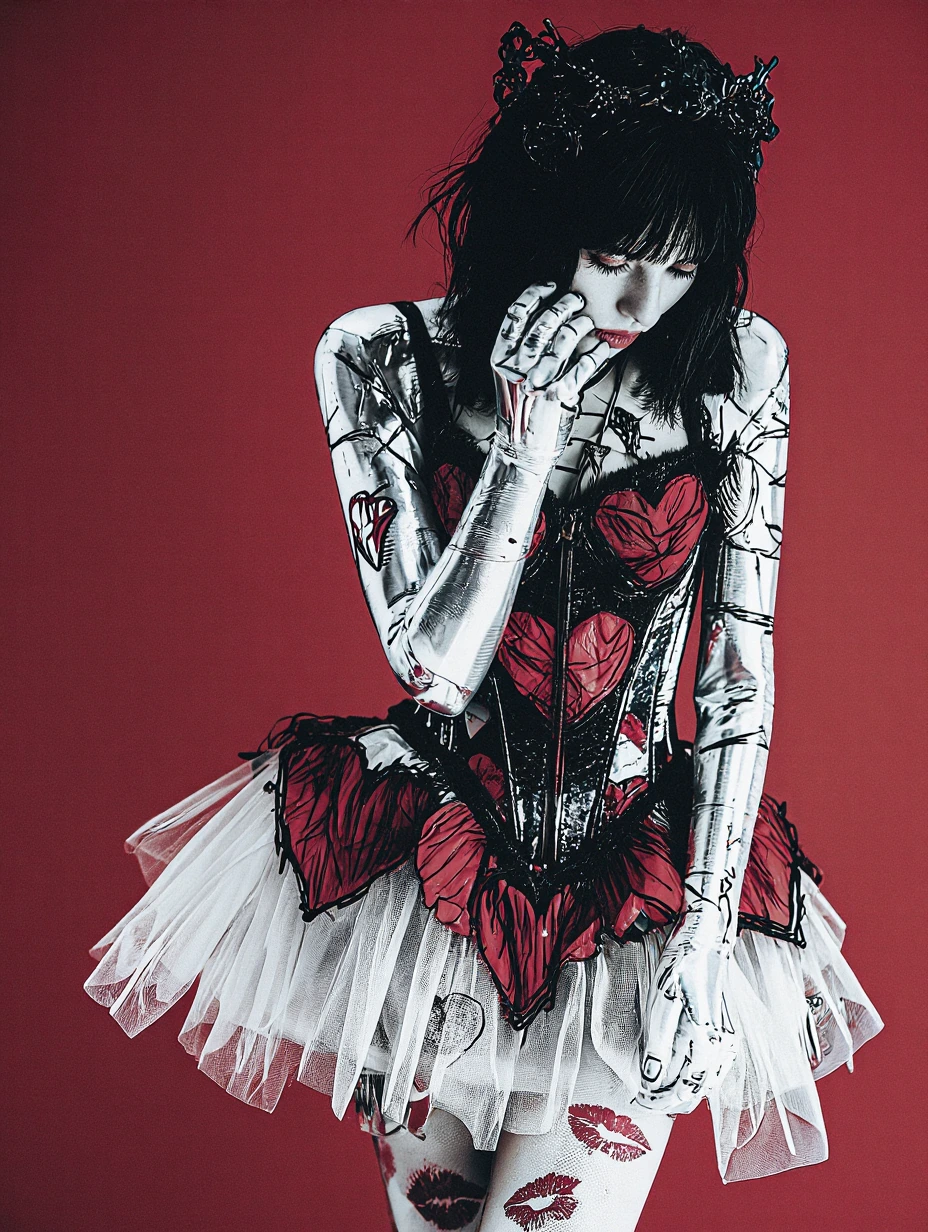 # Red Desire Against a crimson backdrop, a figure with long black hair and bangs gazes downward, hand delicately posed near her face. She wears an avant-garde outfit: a black corset adorned with red heart motifs outlined in bold black strokes, paired