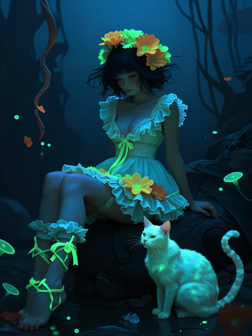 Woman in a frilly minidress and flowers . Cat nearby, All neon