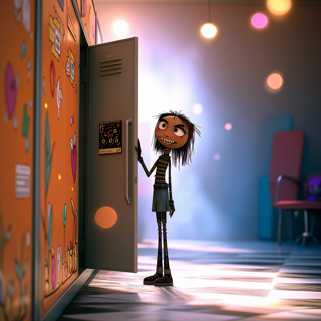 cute character cartoon style slim boney girl emo eye mascara cute punk rock, hallway school orange and blue lockers, checkered floor, open locker, pic