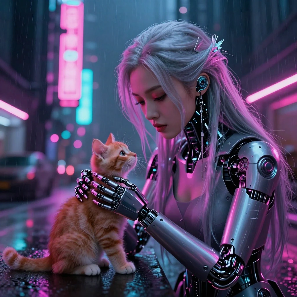 A graceful cyborg woman with flowing silver hair extensions and delicate mechanical fingers playing with a curious orange kitten, surrounded by soft n