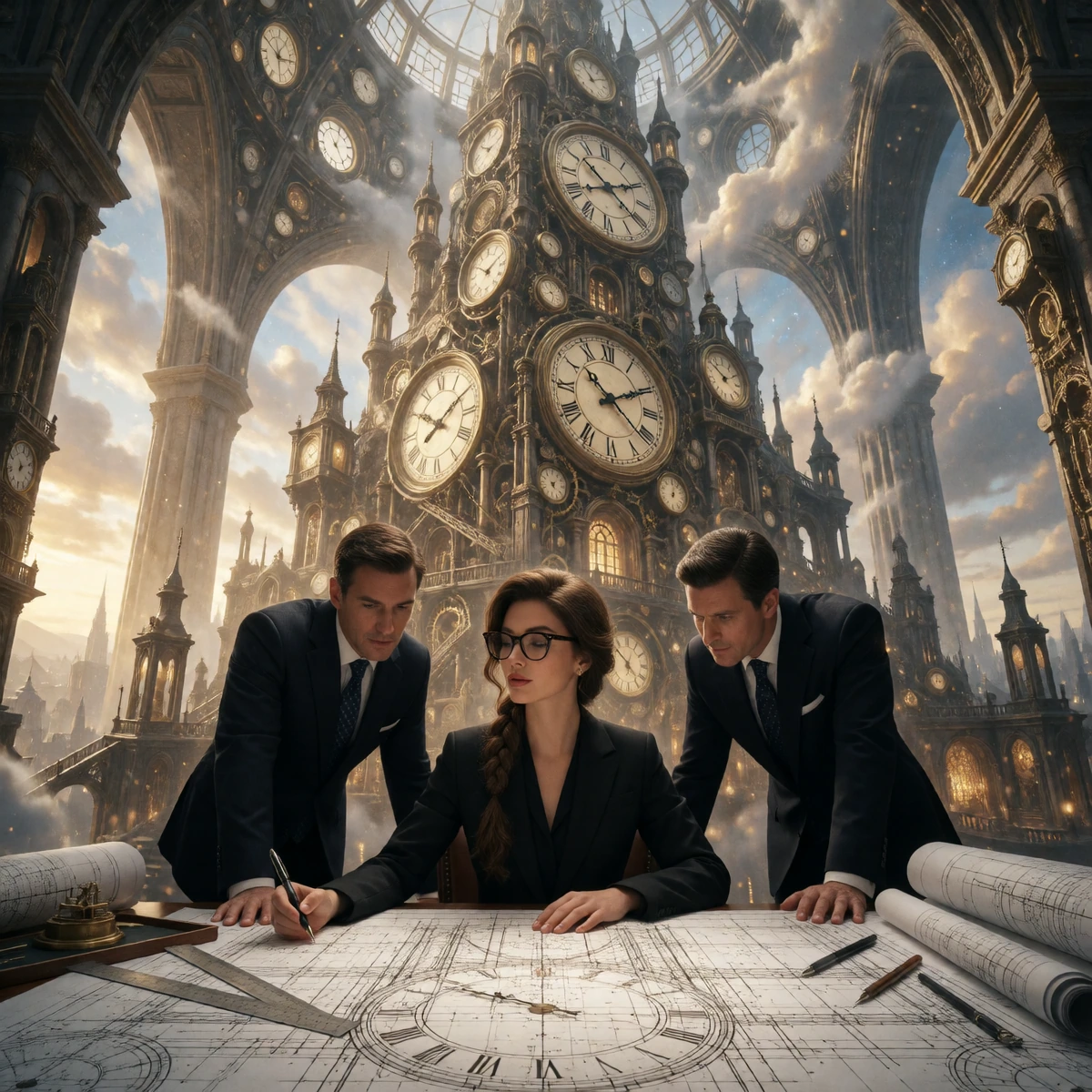 A Tower Built From Borrowed Clocks A breathtaking cinematic scene of a beautiful adult brunette woman with a long, elegant French braid, wearing sophisticated black executive attire and stylish glasses. She sits confidently at a massive architectural