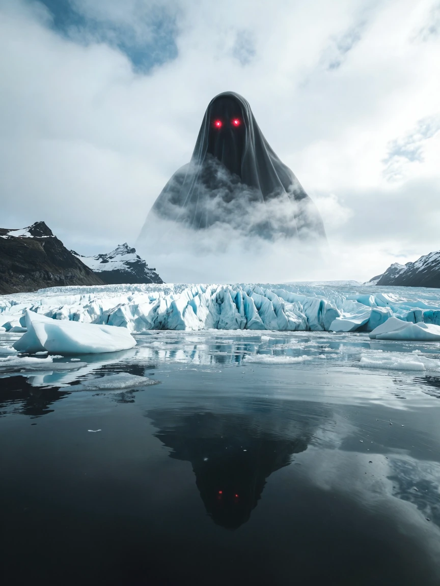 A glacier, underneath the ice you see the silhouet of a scary ghost with red eyes wanting to get out