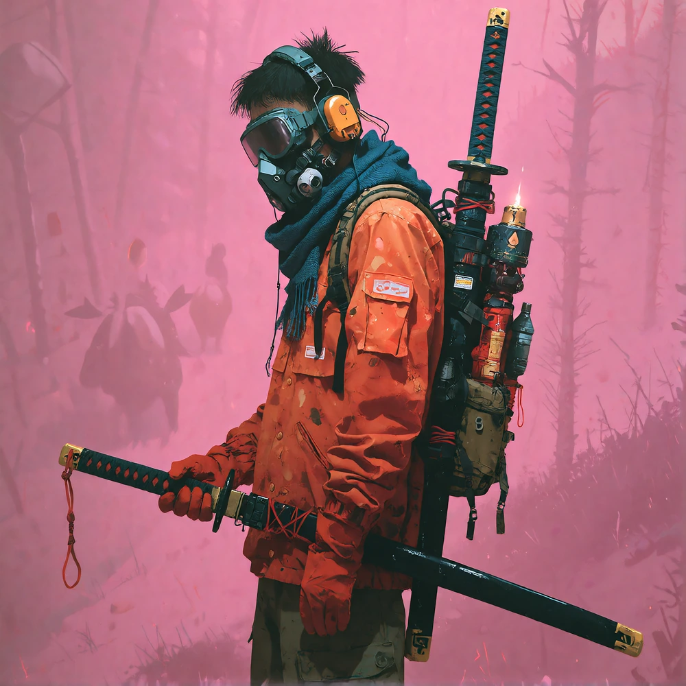 dtl4ev_stx, weapon, sword, solo, 1boy, katana, male focus, pink background, holding, sheath, from side, weapon on back, holding weapon, goggles, simpl
