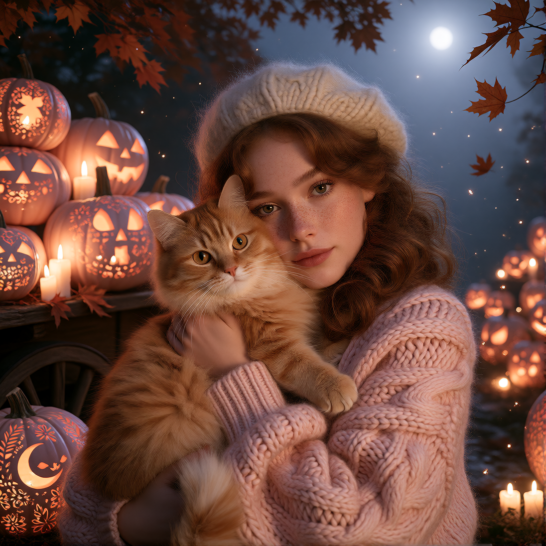 Dreamy spooky close-up portrait of a beautiful woman at night: soft glowing skin, rosy freckled cheeks, warm hazel eyes, loose honey-copper waves tucked under a cream knit beret, chunky blush-pink cable-knit sweater. She cradles a fluffy ginger tabby