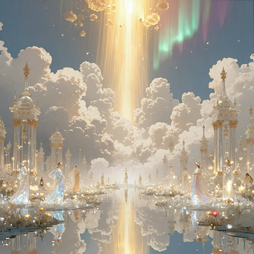 Ethereal heavenly landscape, divine golden light cascading through billowing white clouds, soft atmospheric glow suffusing entire scene, majestic cele
