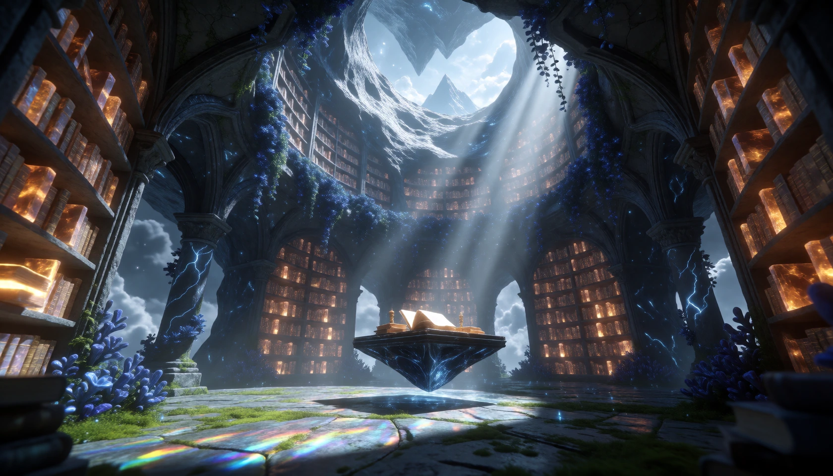 Render a breathtaking still image of an impossible place suspended between existence and imagination — a vast crystalline library carved into the interior of a hollow moon, its shelves curving infinitely upward along the inner sphere, filled with glo