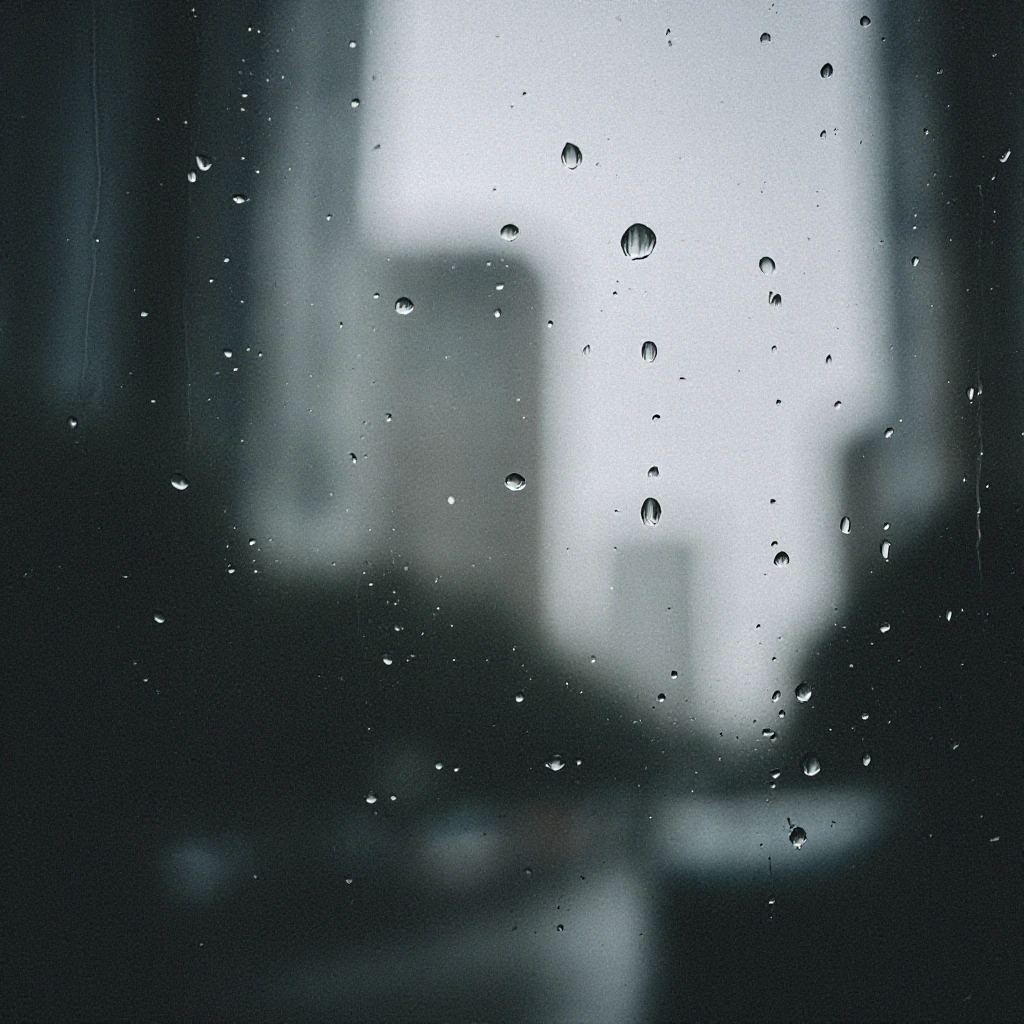 intimate close-up of raindrops racing down a window pane, each droplet refracting and catching diffused grey overcast light, creating miniature prisms