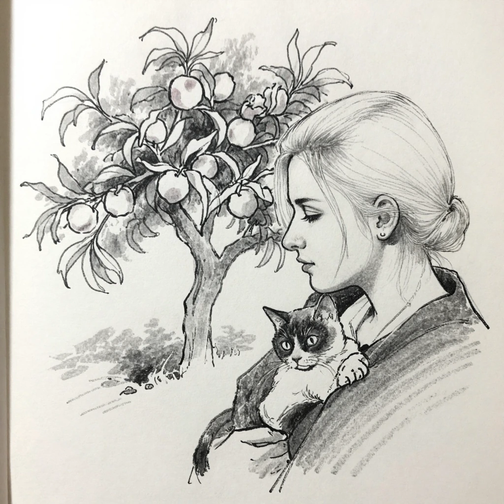 Messy Charcoal sketch. outline Peach orchard. Closeup woman platinum hair and cat