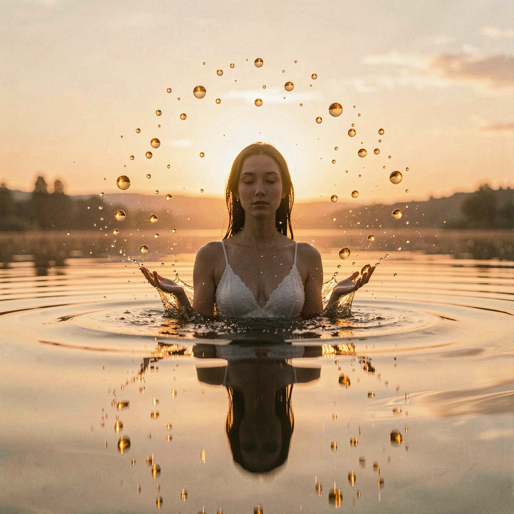 A solitary figure emerges from perfectly still water at golden hour, their form breaking the mirror-like surface as countless water droplets suspend in mid-air around them, each droplet transformed into glowing amber jewels by the warm sunset light, 