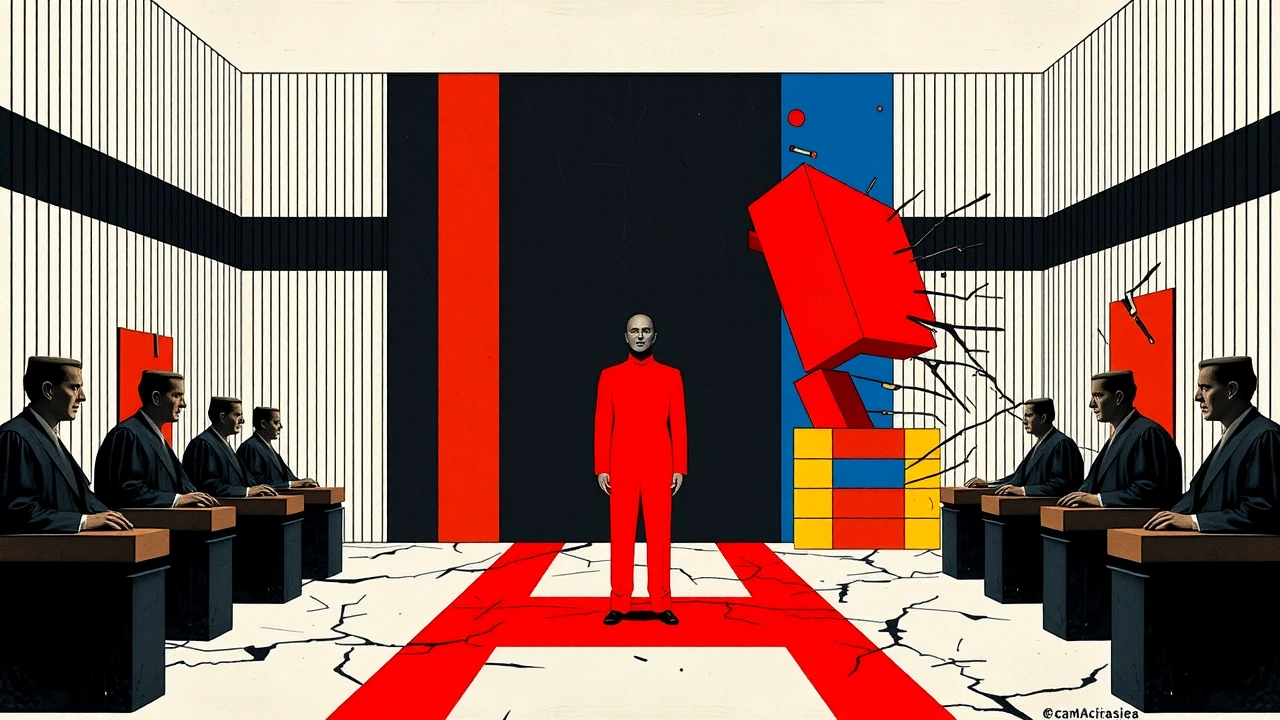 De Stijl geometric abstraction style pushed to a surreal and chaotic extreme. A strange, highly formal courtroom made entirely of strict horizontal and vertical black lines, primary color blocks (red, blue, yellow), and white space. The composition i