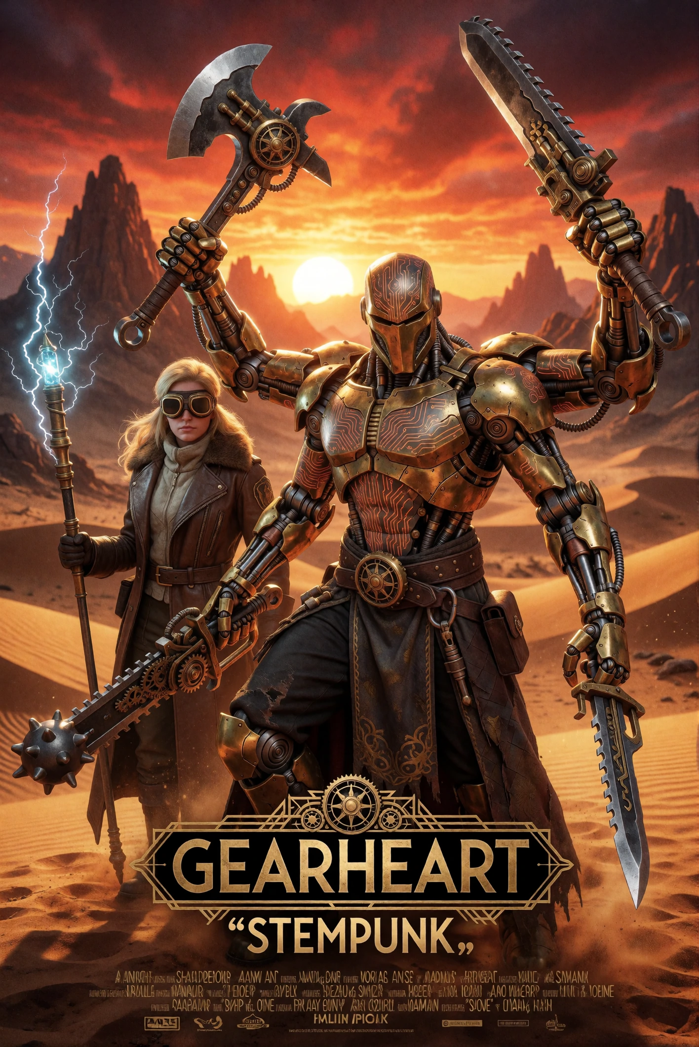 "Gearheart "Steampunk movie poster: a fourarmed brassplated warlord in the foreground, mechanical limbs capable of lifting 1000kg each articulated with copper pistons and gears, each hand gripping a different weapon wrenchaxe, gearsaw sword, steampow
