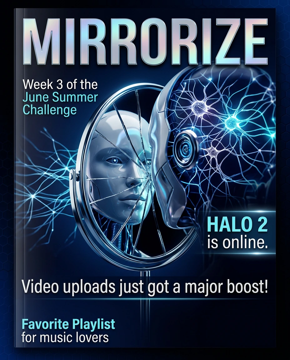 Design a sleek, high-gloss magazine cover centered on the theme of artificial intelligence, styled like a premium tech lifestyle publication. Feature a striking central visual of a humanoid AI face partially reflected in a fractured chrome mirror, wi