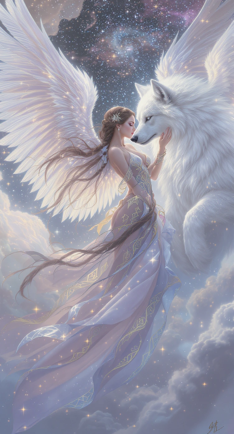 A breathtaking, cinematic digital painting of your favorite woman transformed into a radiant celestial angel, floating in a vast, dreamlike sky of glowing clouds and soft cosmic light. She is a bombshell brunette with two long, flowing braids that dr