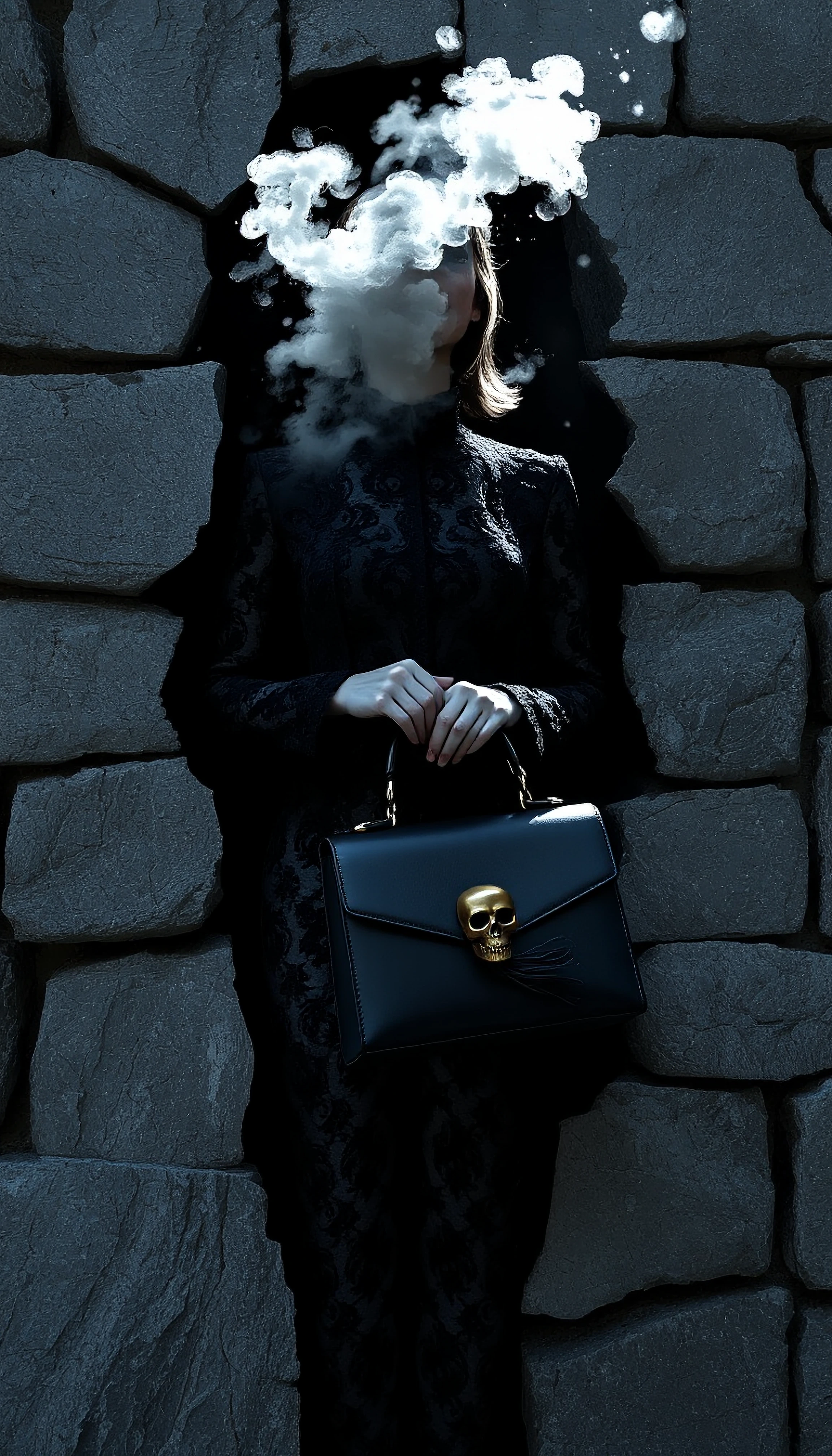 A haunting avant-garde fashion photography of a spectral female silhouette emerging from a textured slate-grey stone wall. The figure wears an exquisite, intricately embroidered black lace Victorian-style suit. Her head and hands are dissolving into 