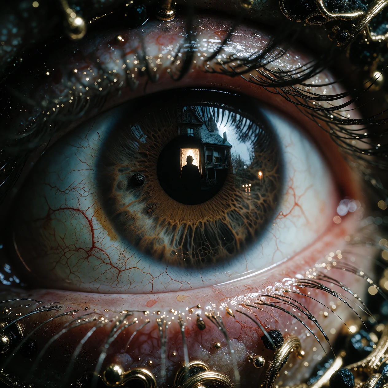 A striking, surreal, and somber macro closeup shot from an extreme point of view, looking out from inside a human eye. The iris and pupil act as a window, reflecting a gloomy, decrepit Victorian house standing on a rainy, desolate suburban street at