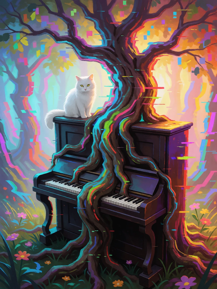 the tree that grew through the piano, colorful glitching surreal, add a white cat