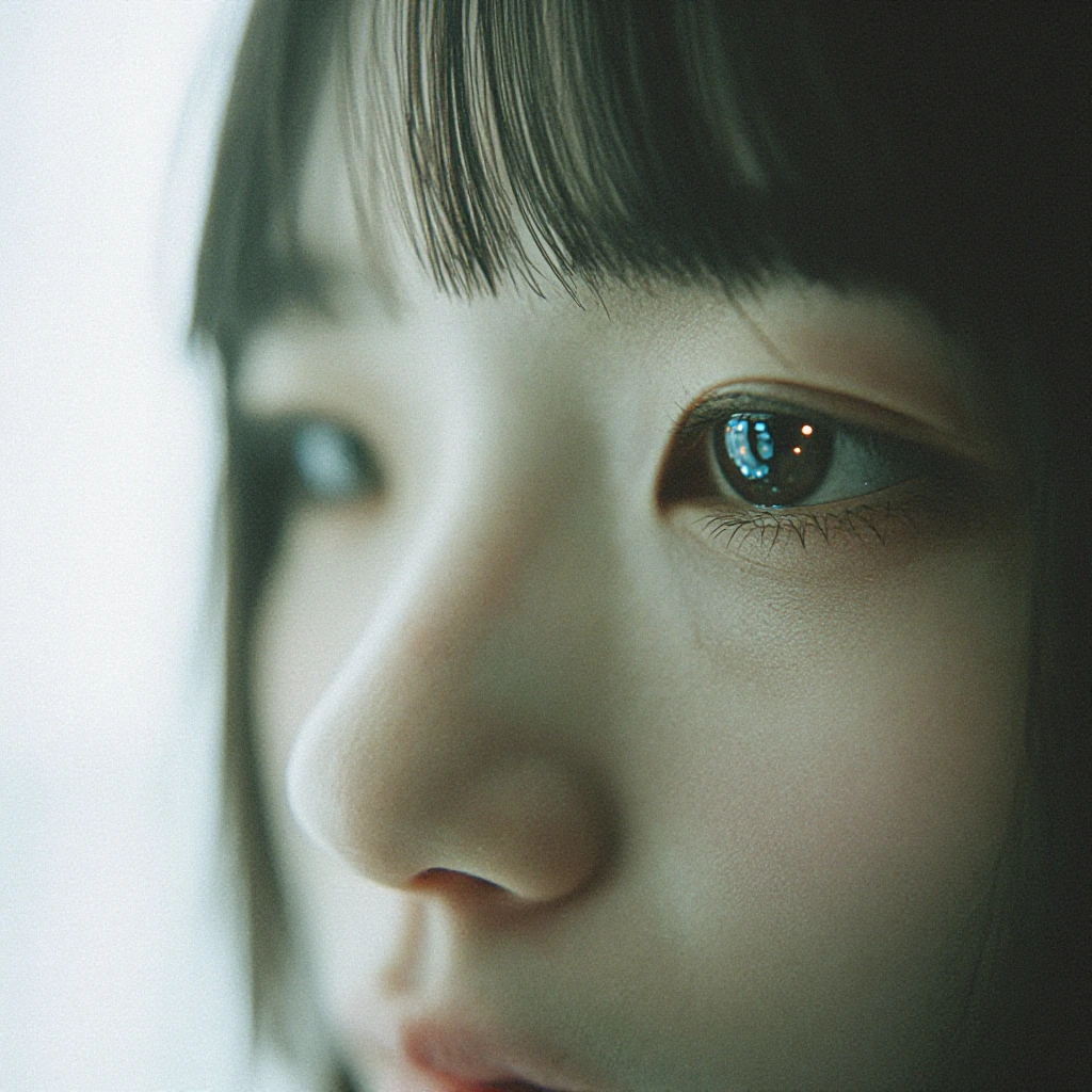 ethereal portrait closeup with film grain, eyes reflecting city lights