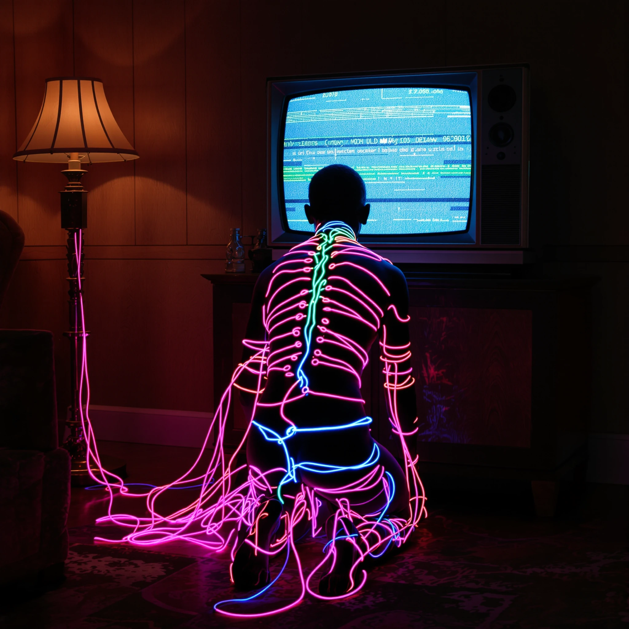 A person kneeling before a vintage wood-paneled CRT television with rabbit-ear antennas, their body wrapped in luminous neon cables (hot pink, electric blue, acid green) that snake from their limbs into the TV's back panel, the screen displaying heav
