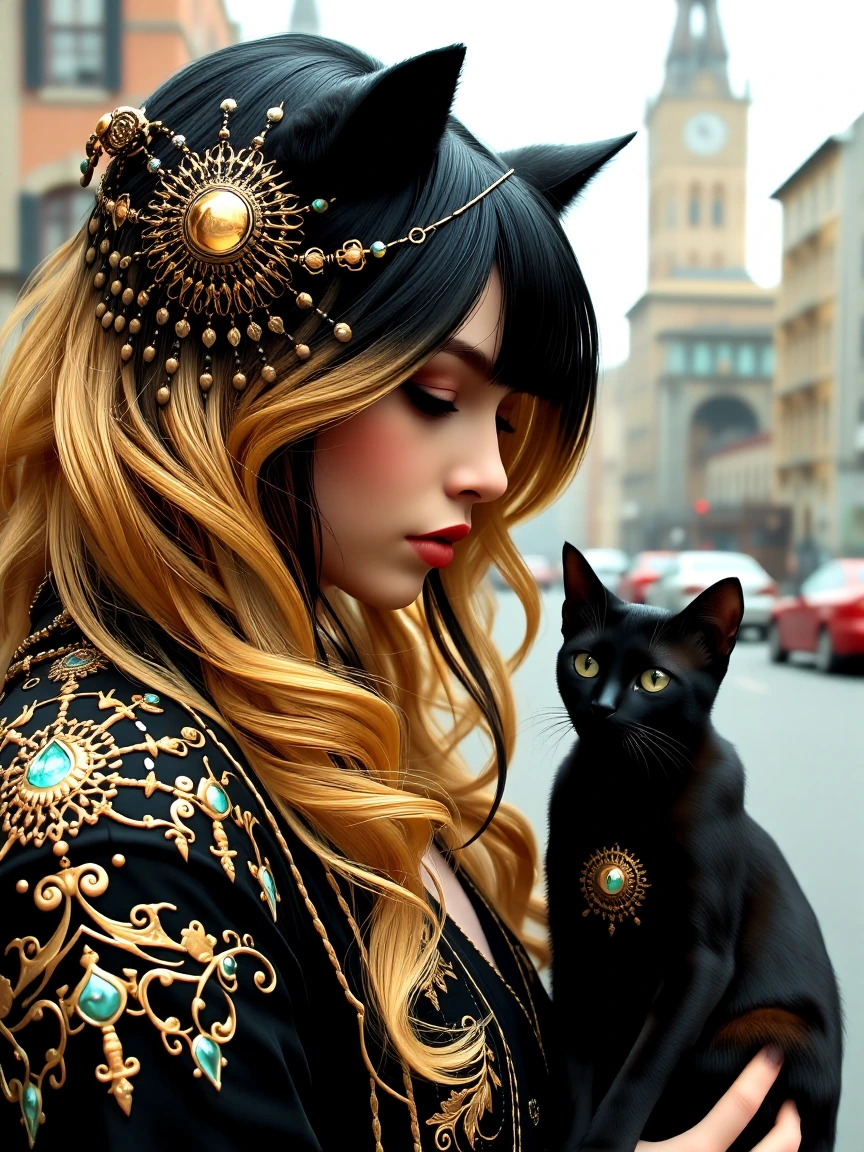 Art Nouveau style, woman, gold black ombre hair with a cat at the park looking at cars. Close up.
