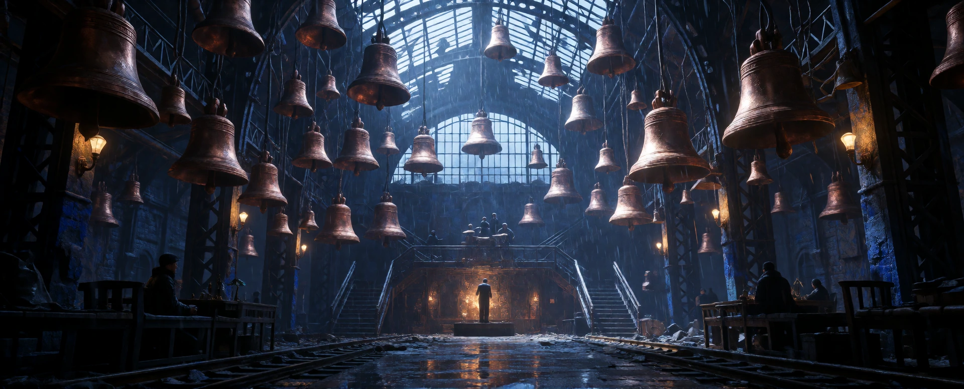 Color Palette: Complementary Indigo, Warm copper A massive abandoned train station transformed into an orchestra hall where thousands of suspended copper bells hang from the ceiling. Rain falls through broken skylights, striking each bell to create i