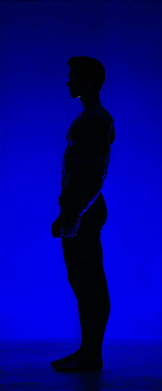 A hyper-detailed, cinematic masterwork of a striking human model standing gracefully in absolute pitch darkness, illuminated exclusively by intense, high-output ultraviolet lights.