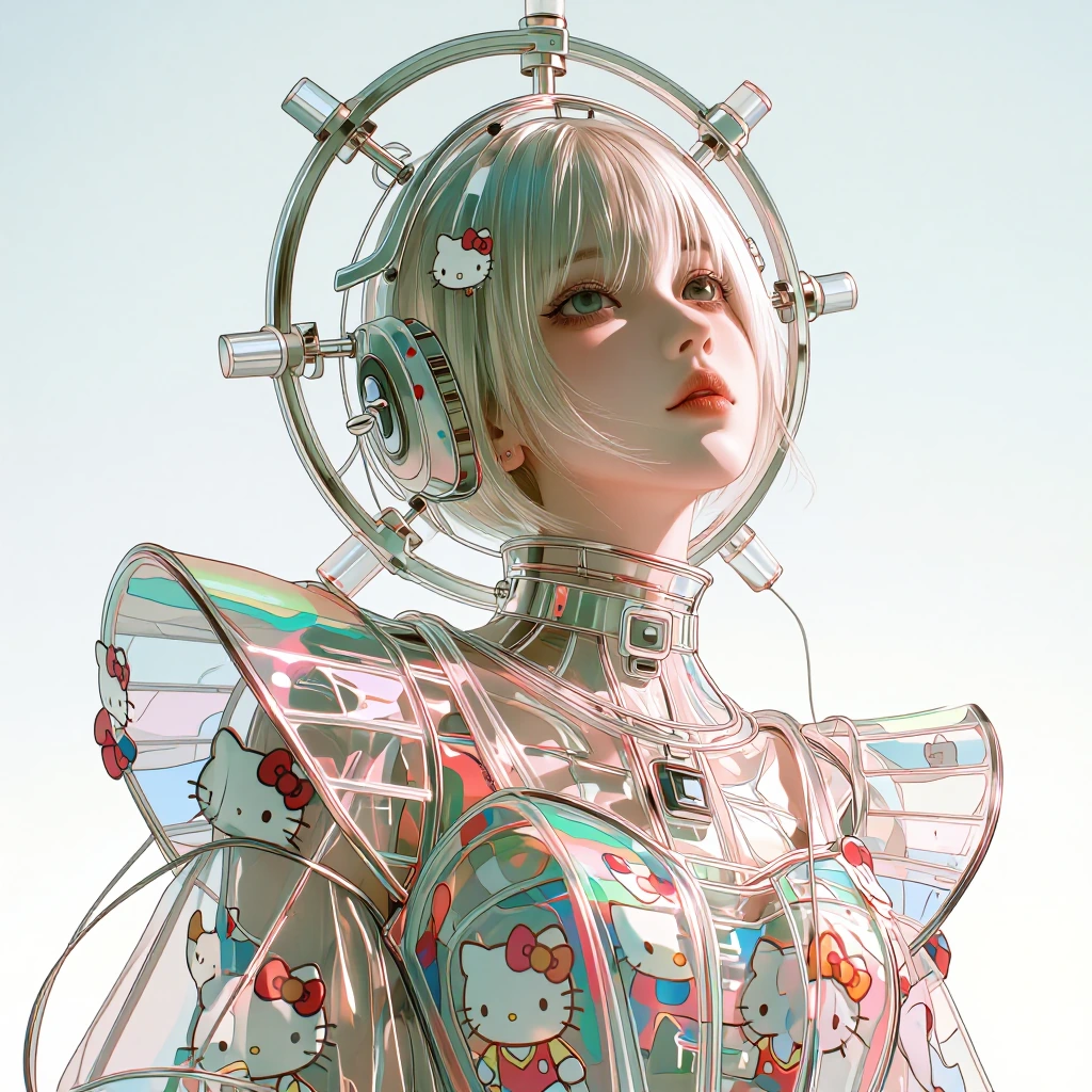 # Futuristic Portrait A striking digital artwork features a porcelain-skinned figure with platinum blonde hair and serene expression. She wears an elaborate avant-garde ensemble constructed from translucent tubing adorned with Hello Kitty motifs. A c