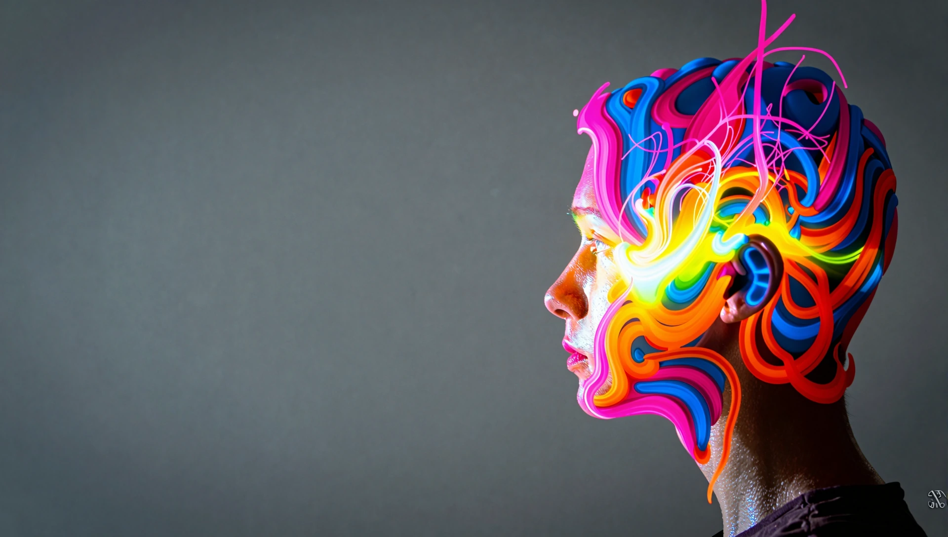 A profile silhouette of a person's head with vibrant, abstract, swirling energy erupting from the top, detailed with intricate lines and glowing parti