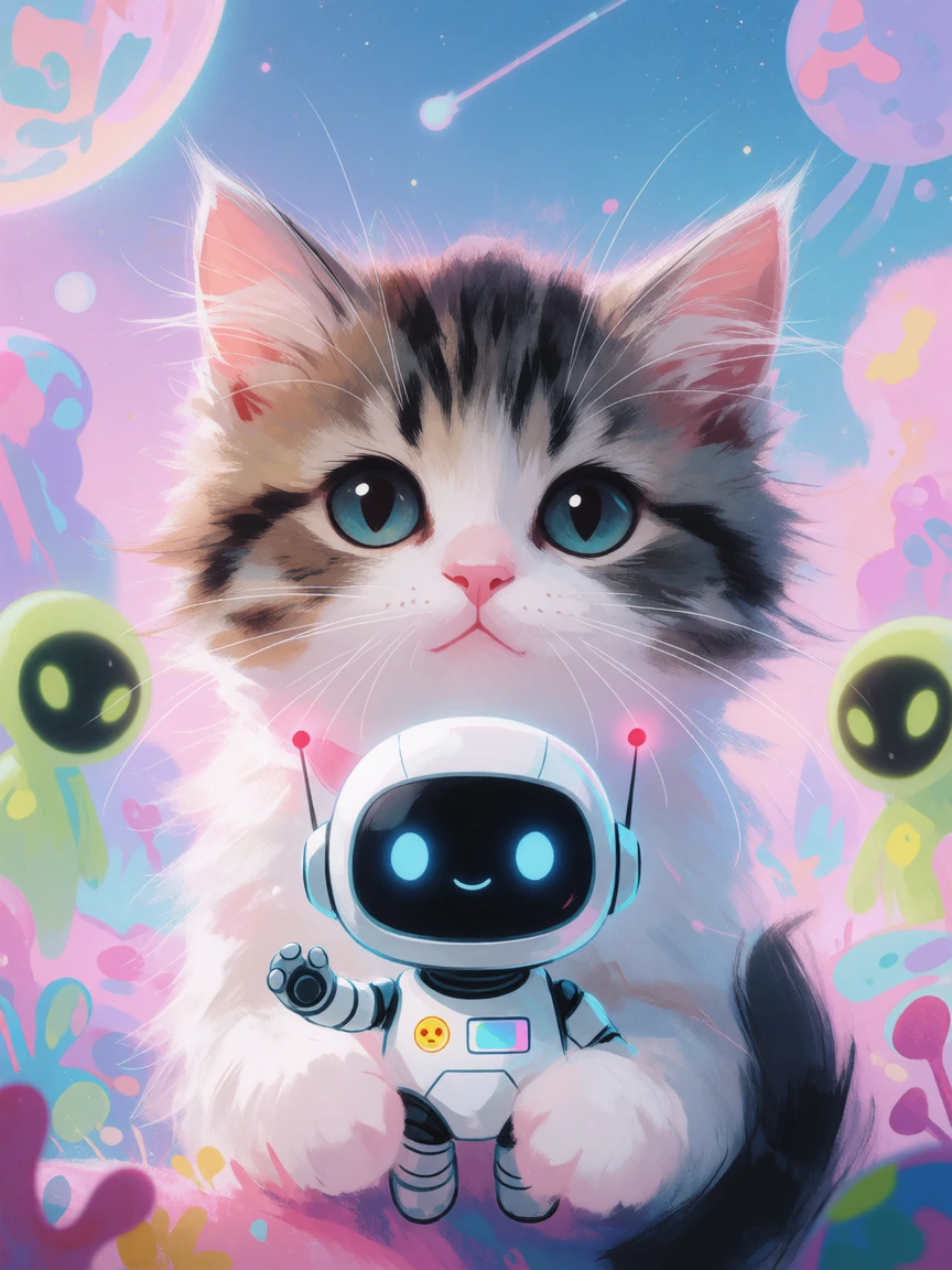Beautiful fluffy kitten with a Kawaii robot, pastel alien planet with aliens in the background. Close-up on the kitten.