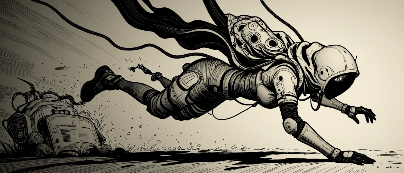 A dynamic, stylish manga illustration of a cyberpunk netrunner in a muted, textured color palette, caught in action as she dives into the matrix. The linework is a detailed ink and pencil drawing, with purposeful shading and strong shadows, giving a