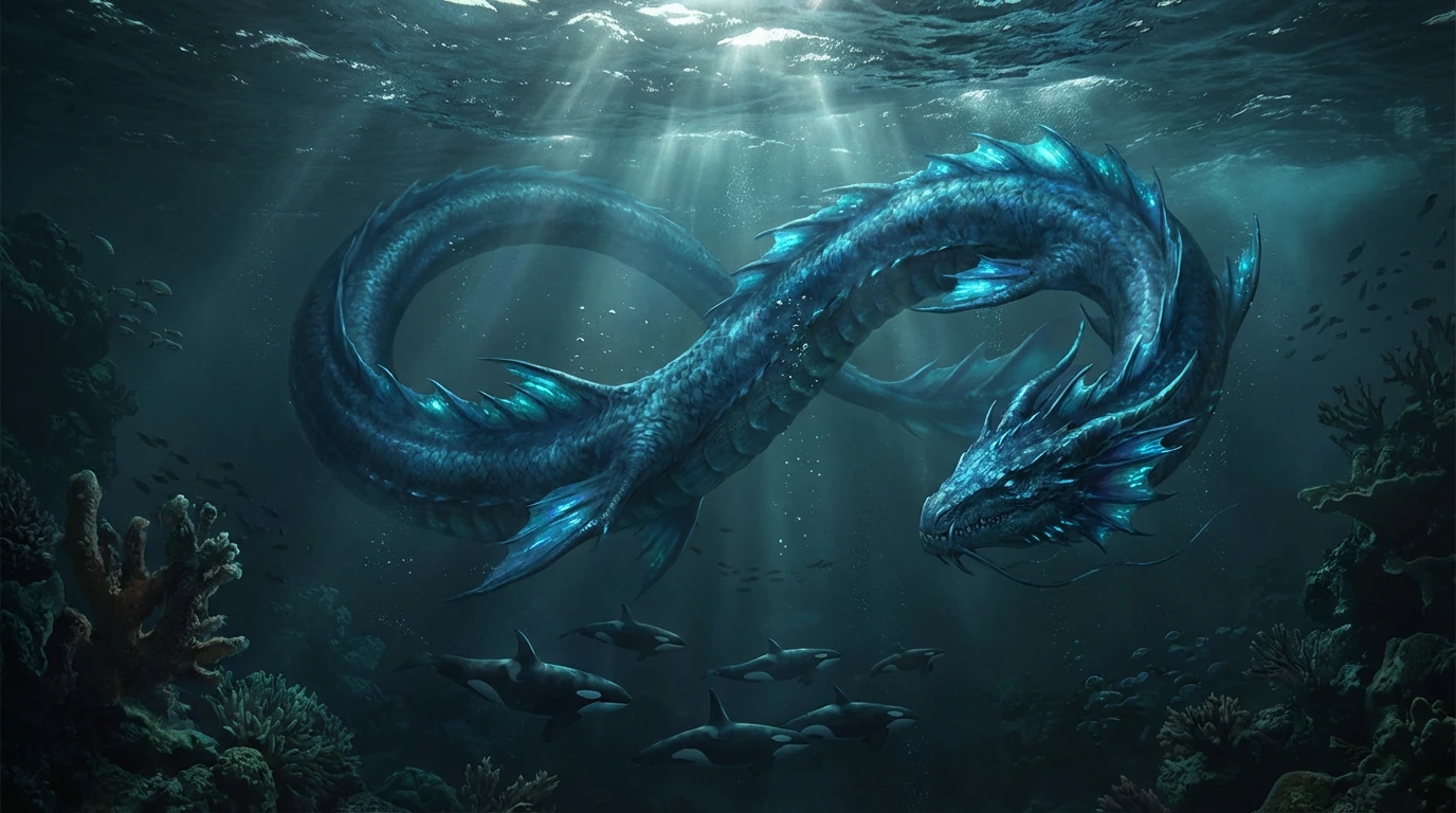 A massive blue aquatic dragon with serpentine body coils through deep ocean waters, towering over a pod of orcas, sunlight filtering through waves above creating ethereal light beams.