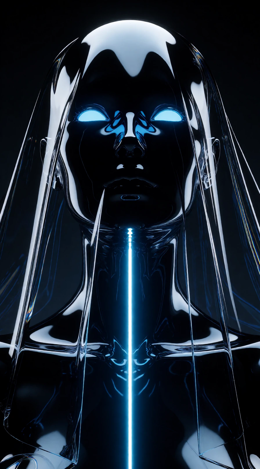 Subject: A sleek, sculptural humanoid figure with a mirror-finish surface of deep iridescent blue-black obsidian. ​Lighting & Internal Detail: The figure features brilliant, glowing cyan eyes and a single, sharp vertical filament of neon-blue light e