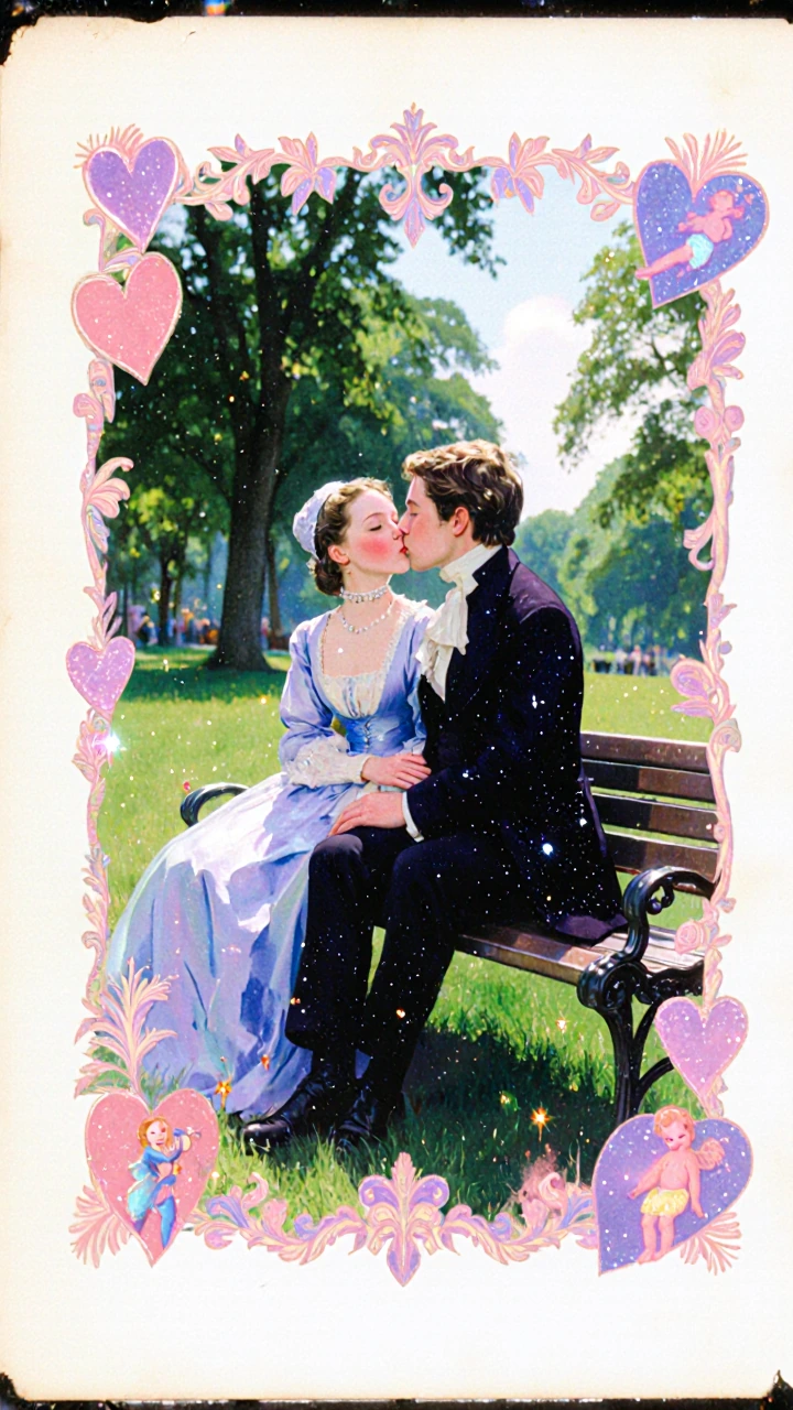 A watercolored sketch of a 1800's young man and woman leaning into each other for a kiss while sitting on a park bench during the afternoon with heart