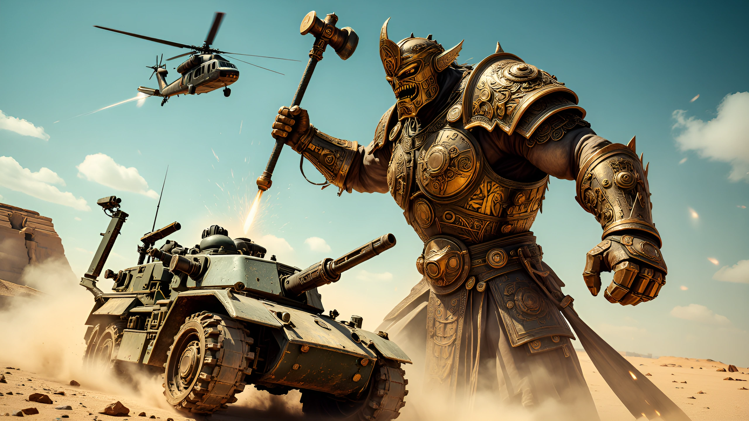 A Gigantic Bronze Armoured Giant Warrior from Ancient Times wearing runic bronze armour glinting in the high noon sunlight wields a gargantuan bronze capped maul. His victim is a large tank like but battle scarred and dusty Brunswick Green bipedal mi