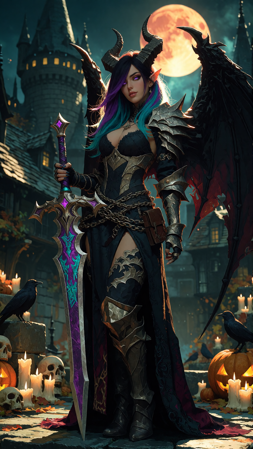 Masterpiece, best quality, ultra-detailed 8K cinematic dark fantasy, glossy skin, perfect anatomy. Demonic Rory Phoenix. Still her. Long dark hair wit