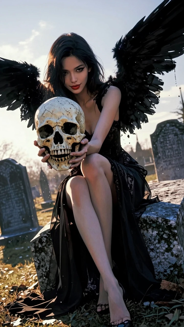 A close, cinematic illustration of an adult woman sitting on a weathered gravestone in an old cemetery, captured with pronounced foreshortening and a strong dutch angle that tilts the entire scene, creating a dynamic and slightly disorienting composi