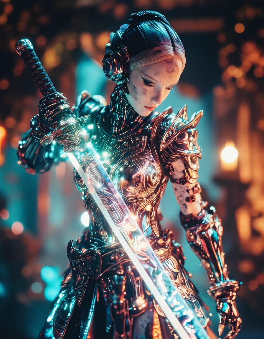 A majestic cybernetic samurai in a refined cyberpunk style. Ethereal female figure with marble-smooth skin accentuated by high tech cybernetic armor, massive katana made of intricate holographic light and circuit patterns shimmering with data streams