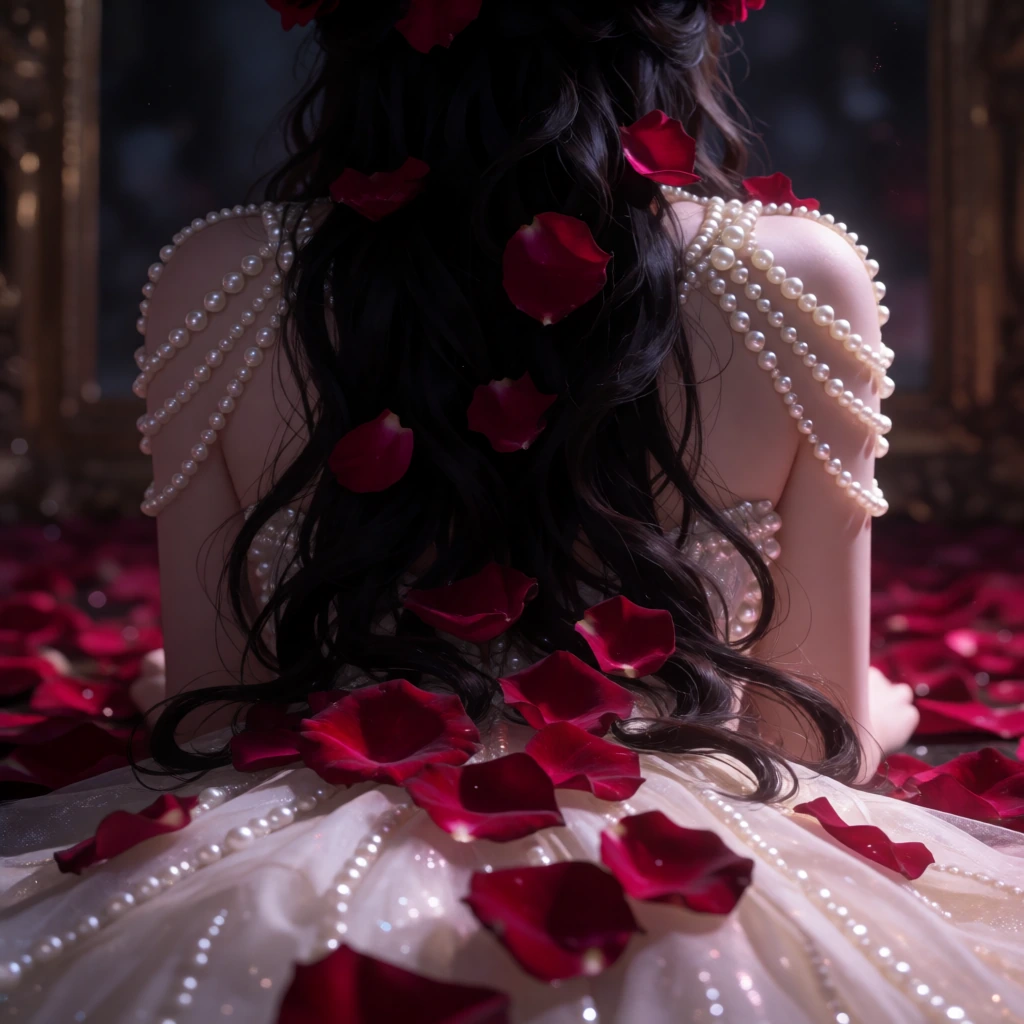 A mesmerizing beauty in a dimly lit, atmospheric setting. Her dark hair cascades over pearl-studded shoulders, each orb glowing with an internal, molten fire. Deep crimson rose petals are strewn across her path and caught in her hair, their velvety t