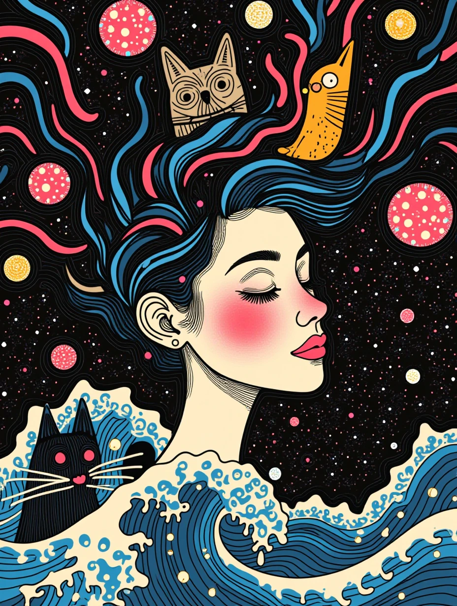 Beautiful woman with hair made out of ocean waves, with a cat