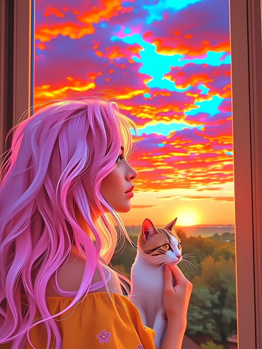 Bright folk art style. Beautiful sunrise sky, woman, platinum melon pink melon green hair with her cat looking out her patio door . Closeup view, but expensive skies. Peach, pink, muted dusty rose, luminism.