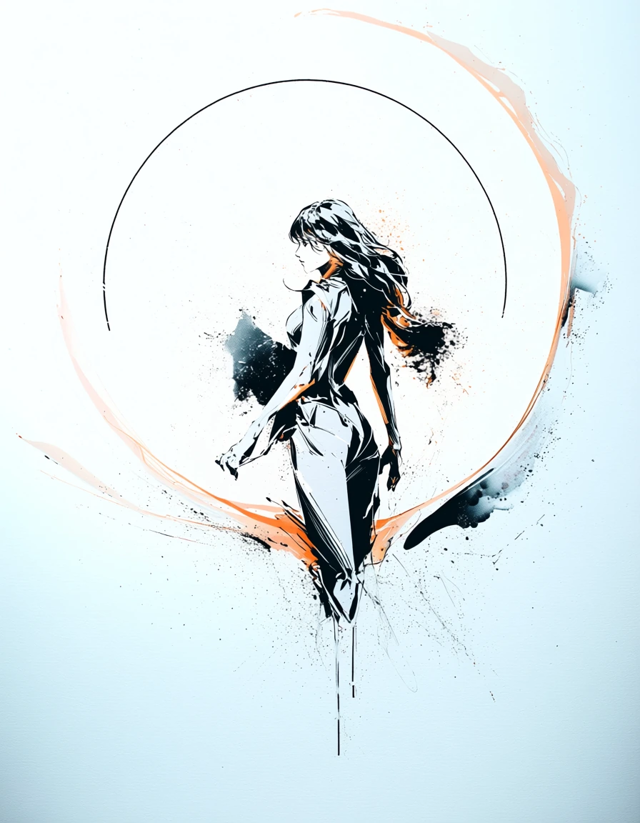 A dynamic illustration featuring a female figure depicted in an elegant, artistic style. The subject stands with her back turned, showcasing flowing long hair and a confident posture. She is set against a minimalist background, emphasizing a soft whi