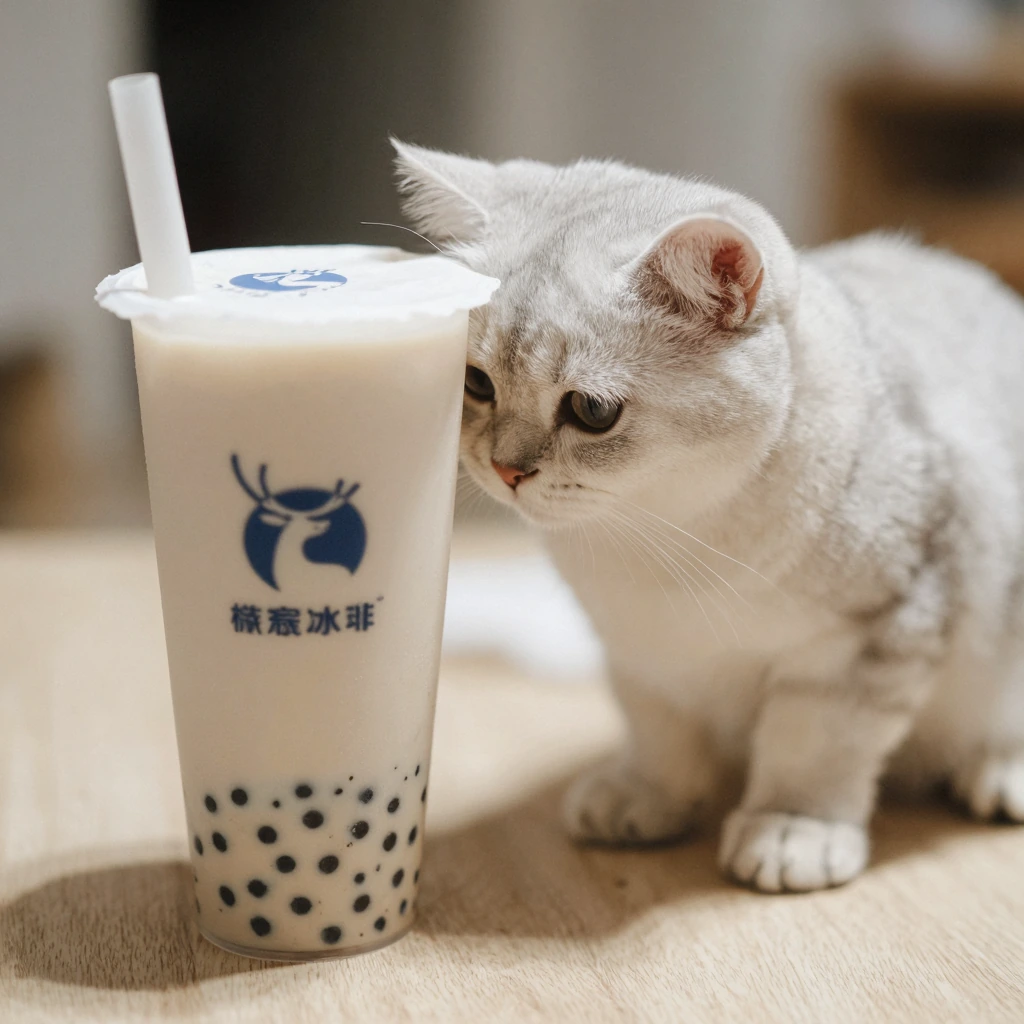 Cute kitten trying to knock over a cup of boba Amateur photo in a regular room. Cozy