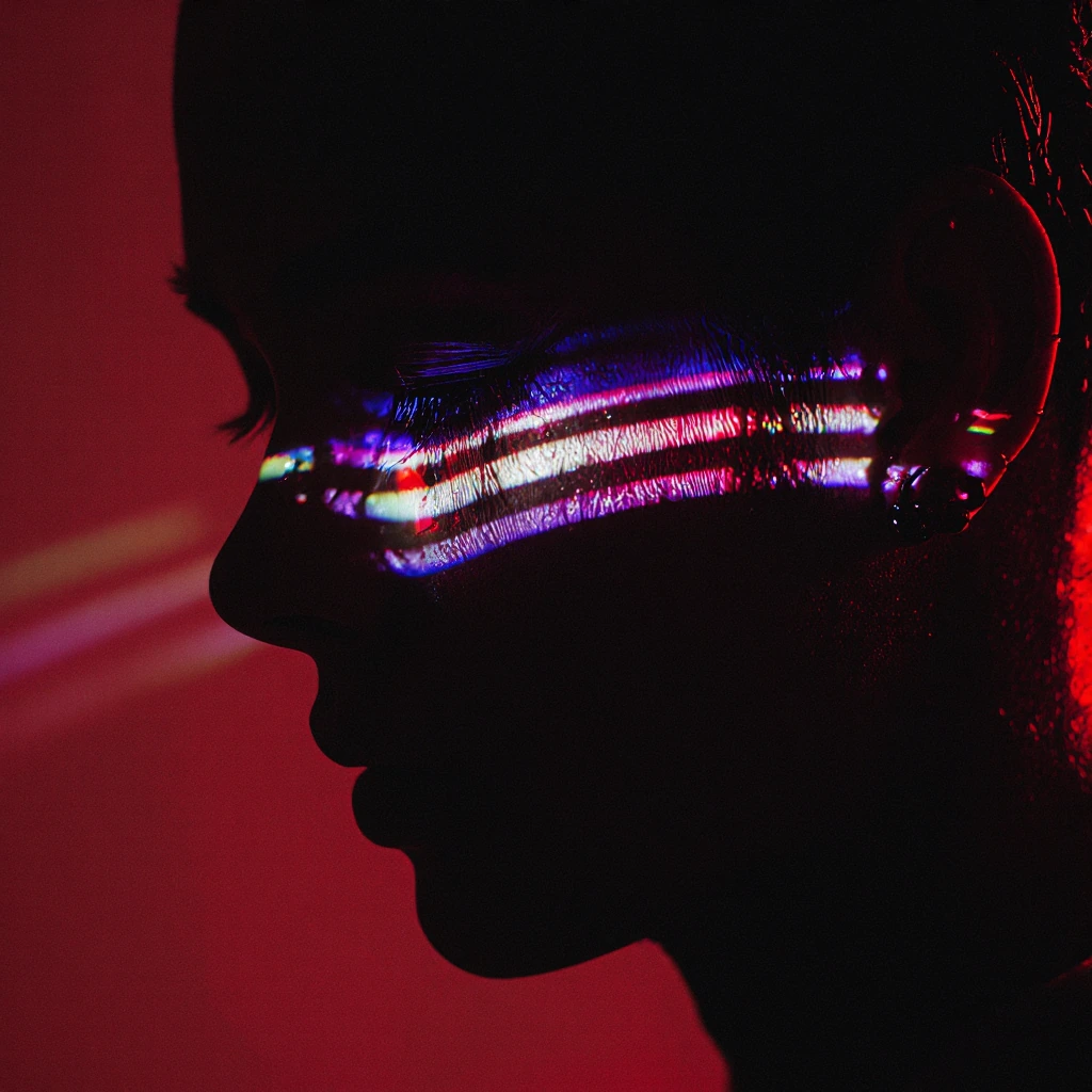 A silhouette portrait where the subject is mostly in shadow, but sudden breaks of colored gel light (deep purple and red) cut across the face in horizontal bands. These bands reveal fragments—an eye, the curve of lips, part of the cheek—while everyth
