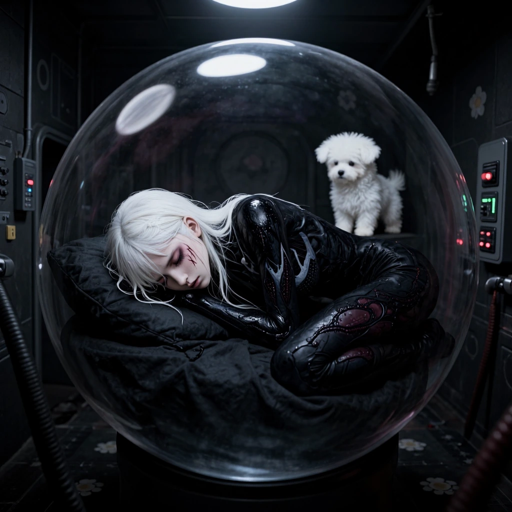 Blame MIRROR! by Tsutomu Nihei despair and death everywhere, inside a black bubble, black symbiote on a slender angry white long hair sleeping, girl with cyborg face, fetal position, white bear puppy in background, speceship hallway, flower patterns,