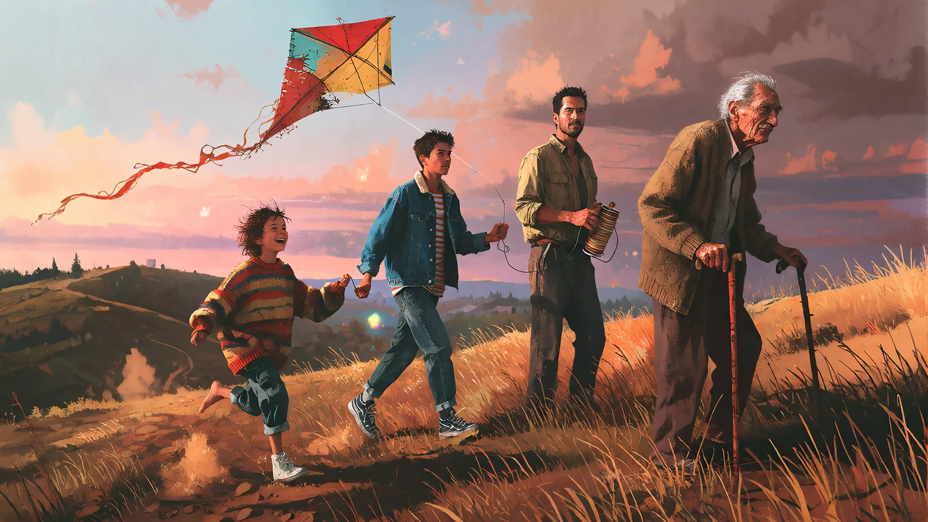 Capture a poignant life-progression composite showing one continuous figure flying the same kite across four ages, arranged left to right along a windswept hilltop meadow at golden hour. On the far left, a barefoot child of about seven, tousled hair,