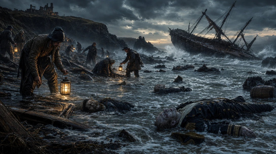 A merchant ship has run aground on the rugged Cornish Coast at dawn. Fiendish Cornish Wreckers scour the storm-lashed beach for treasure and salvage, lanterns swinging in the misty gloom. Several drowned crew members, including the Captain, lie bloat