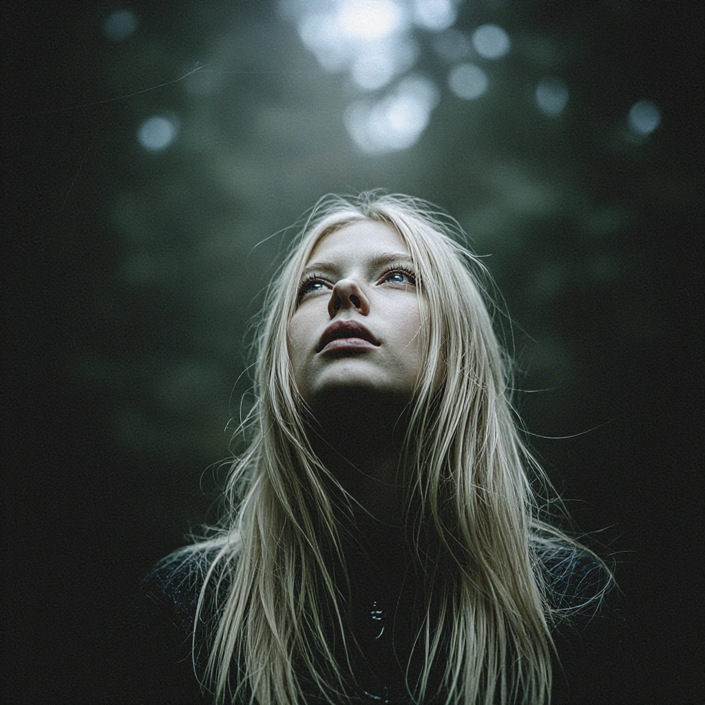 ethereal portrait of solitary figure in misty forest, cinematic lighting