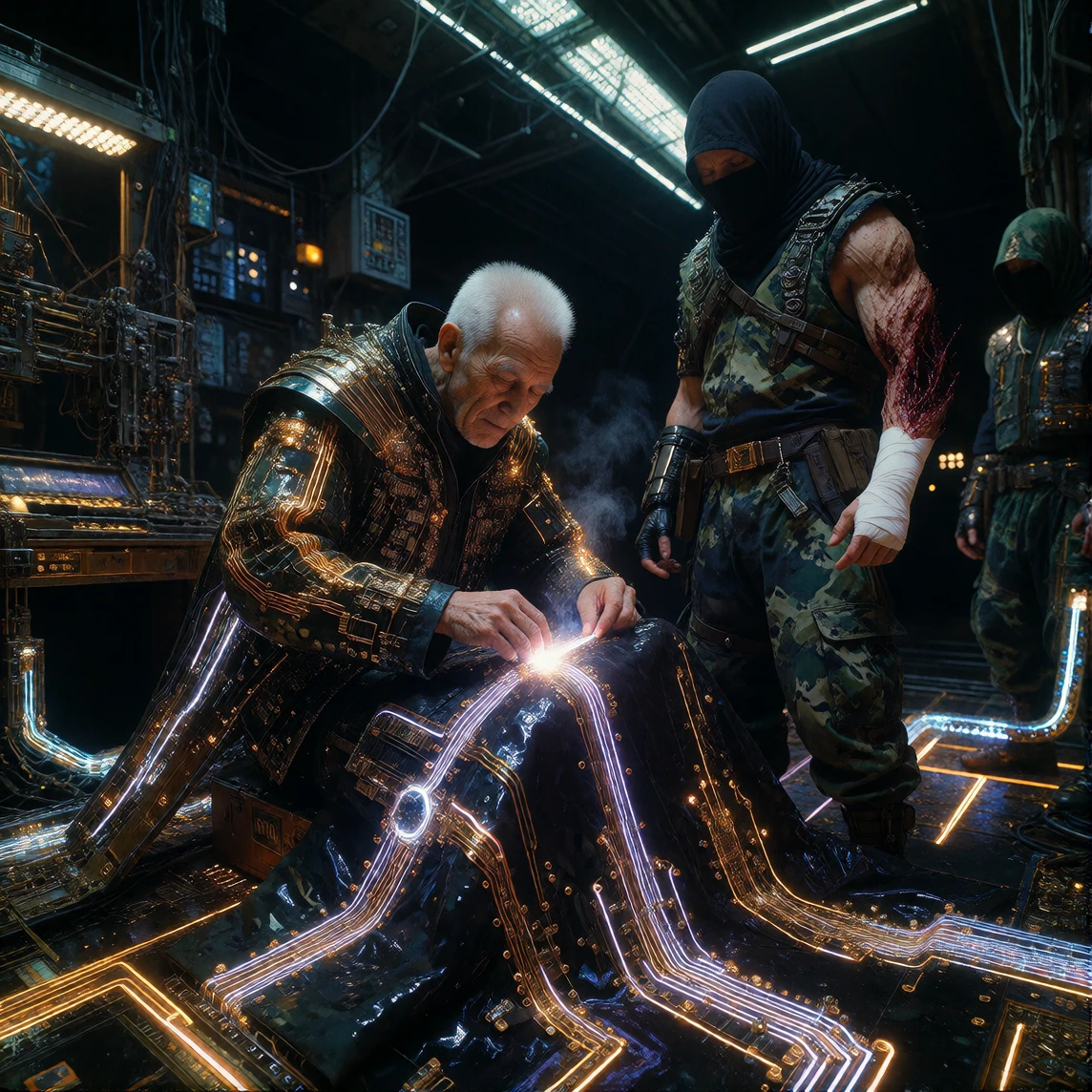 the tailor who mends shadows; In a futuristic Dystopian Cyberpunk world; An elderly man wearing a cape of circuitry that extends into the floor and li