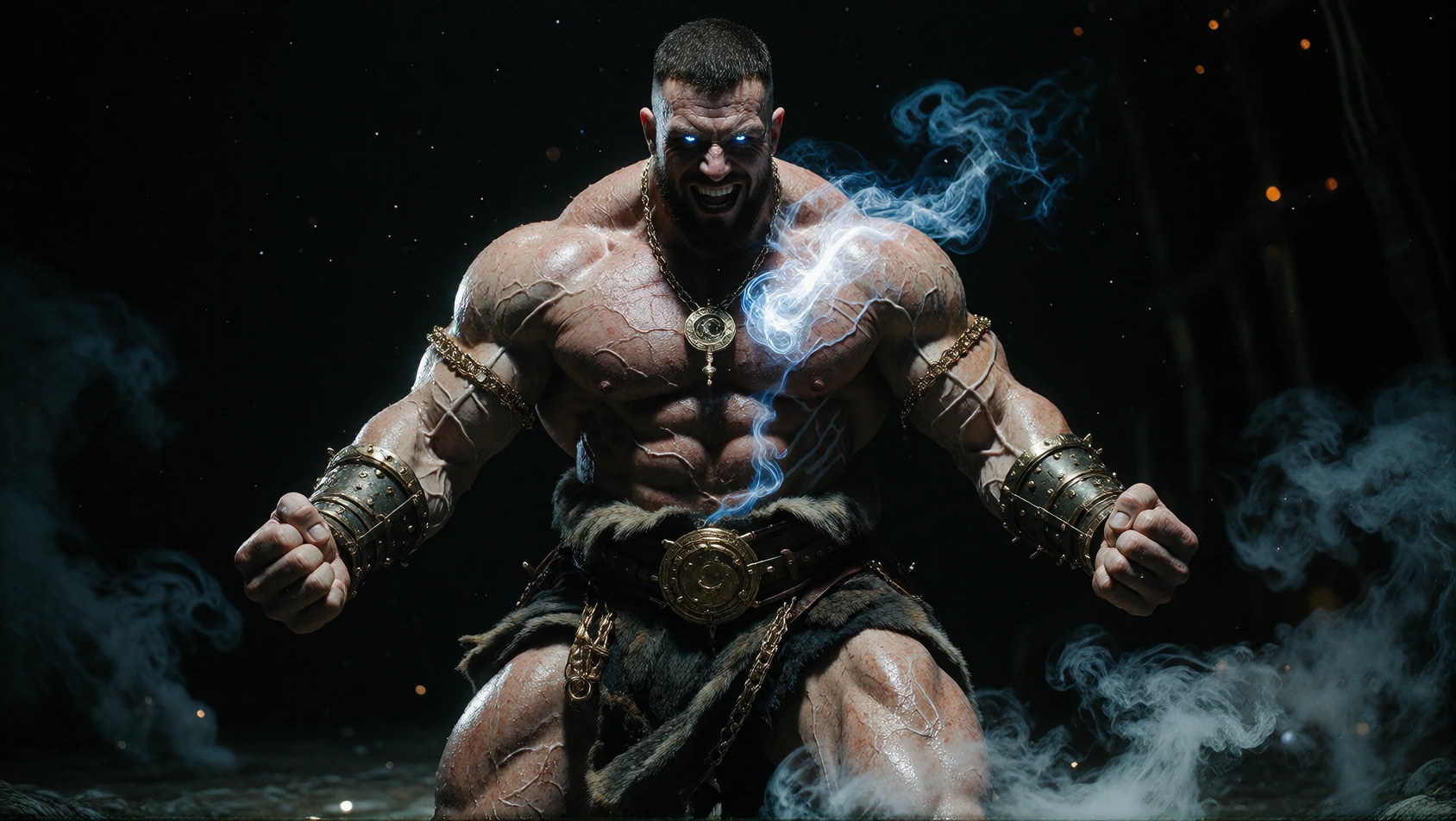 Powerful strongman with short black hair and neat beard, glowing blue eyes, wearing animal-skin loincloth, standing in infinite darkness, battle-ready posture with clenched fists, triumphant grin, veins bulging, ethereal mist swirling around legs
